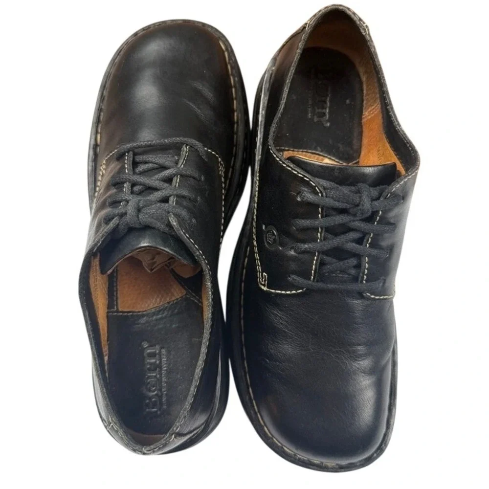 Born Black Leather Lace Up Oxfords Contrast Stitch W3788 J4 Mens 8 Womens 9.5